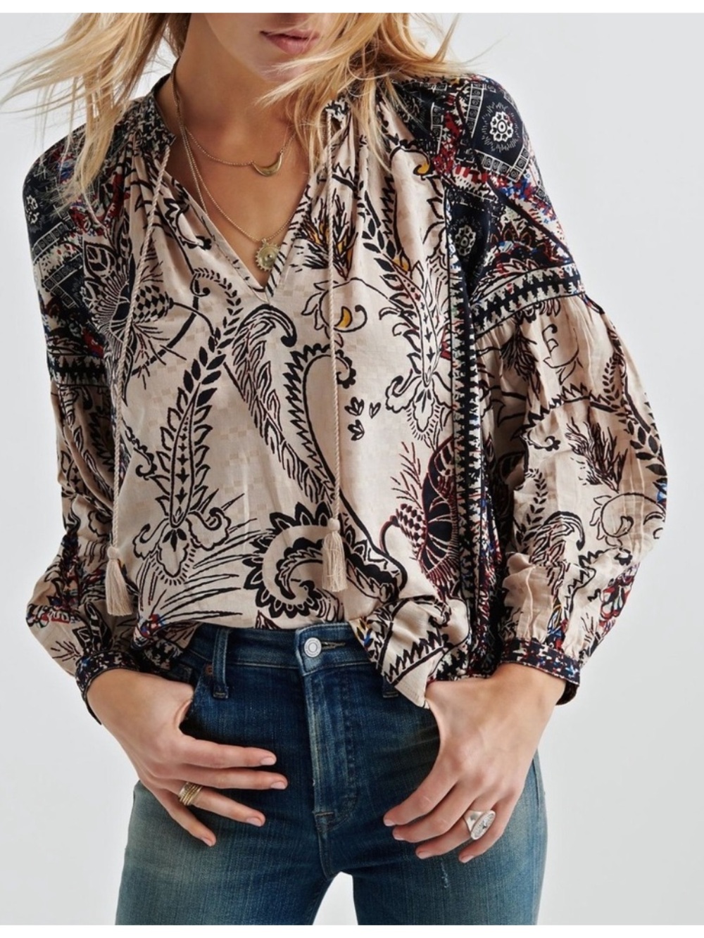 Lucky Brand Beige Paisley Border Print Peasant Top with Black and Red Accents
